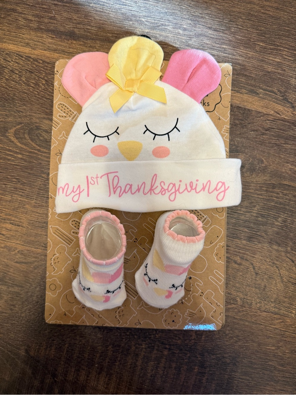 My 1st Thanksgiving Chick Baby Hat & Sock Set - Pink, Yellow, White
